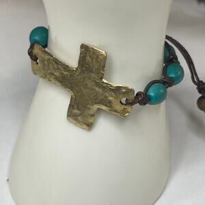 bracelet black faux turquoise dyed stone gold hammered cross costume jewelry boh